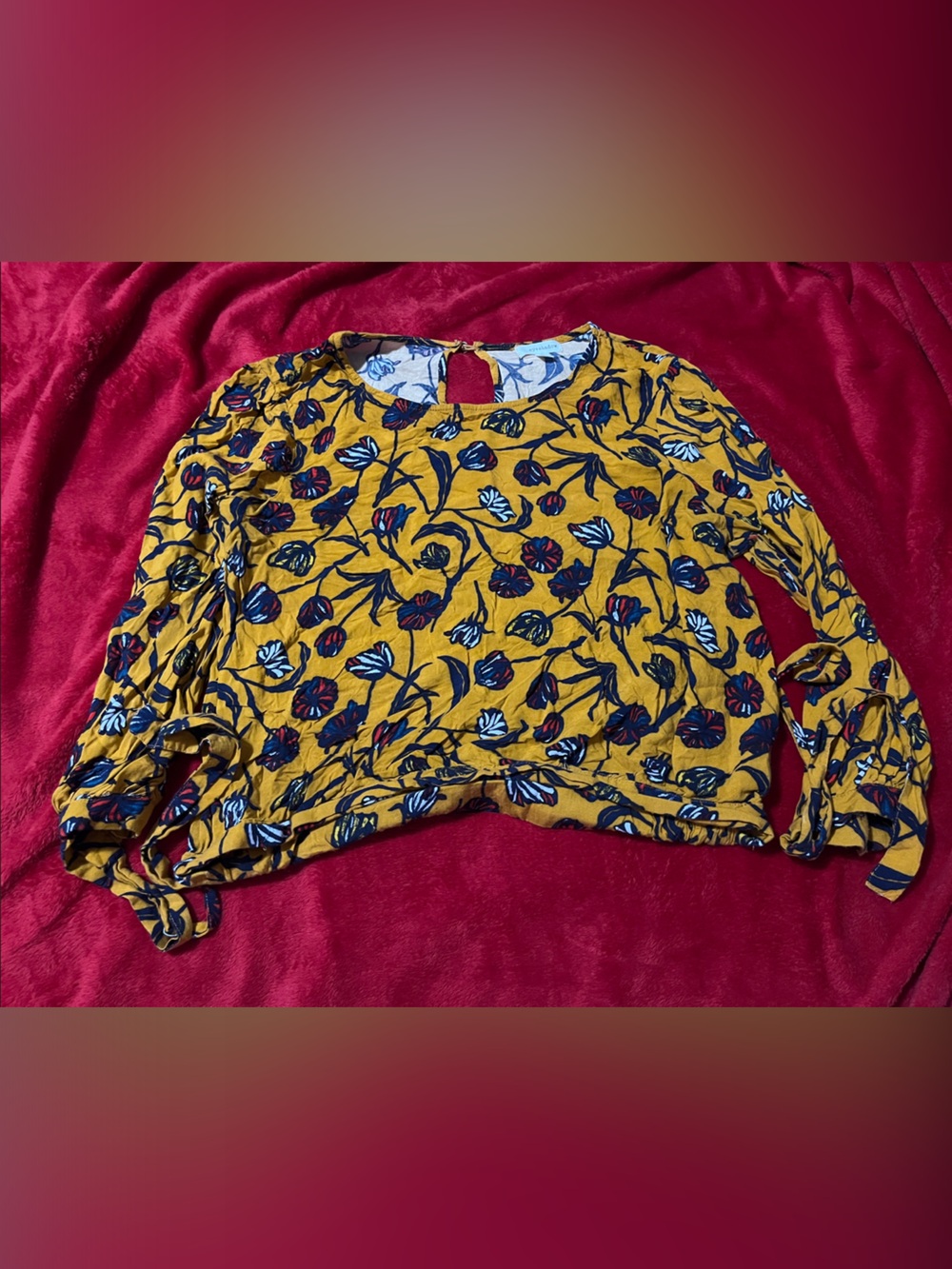 Eyeshadow Mustard Floral Tie-Sleeve Blouse